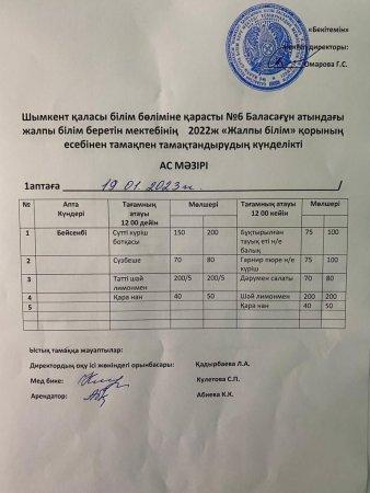 Ж.Баласағұн атындағы №6 жалпы орта білім беру мектебінде ыстық тамақ ас мәзірі және фото суреті және фор